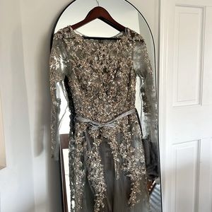 Silver Long Sleeve Mesh gown with embroidery and satin belt with bow
